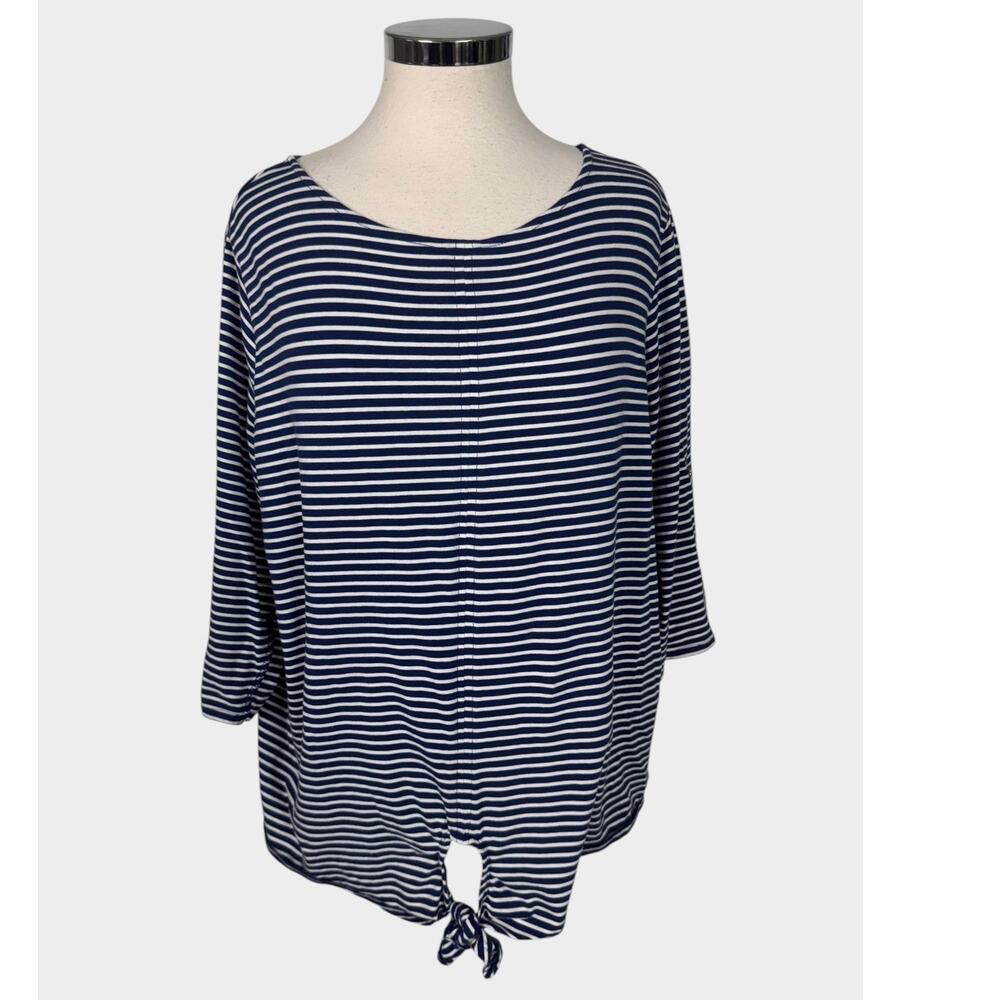 Jones New York Signature 2X Blue White Stripe 3/4 Sleeve Tie Knot Hem Top - Picture 1 of 10